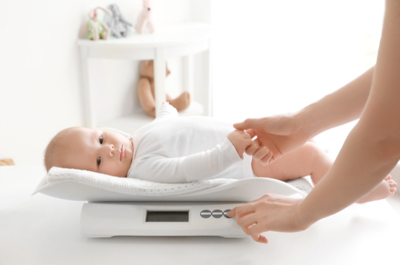 赤ちゃんスケールで体重を測っている赤ちゃん