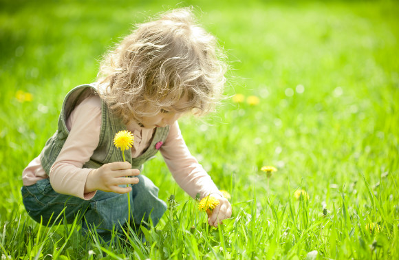 草花あそびをしている子供